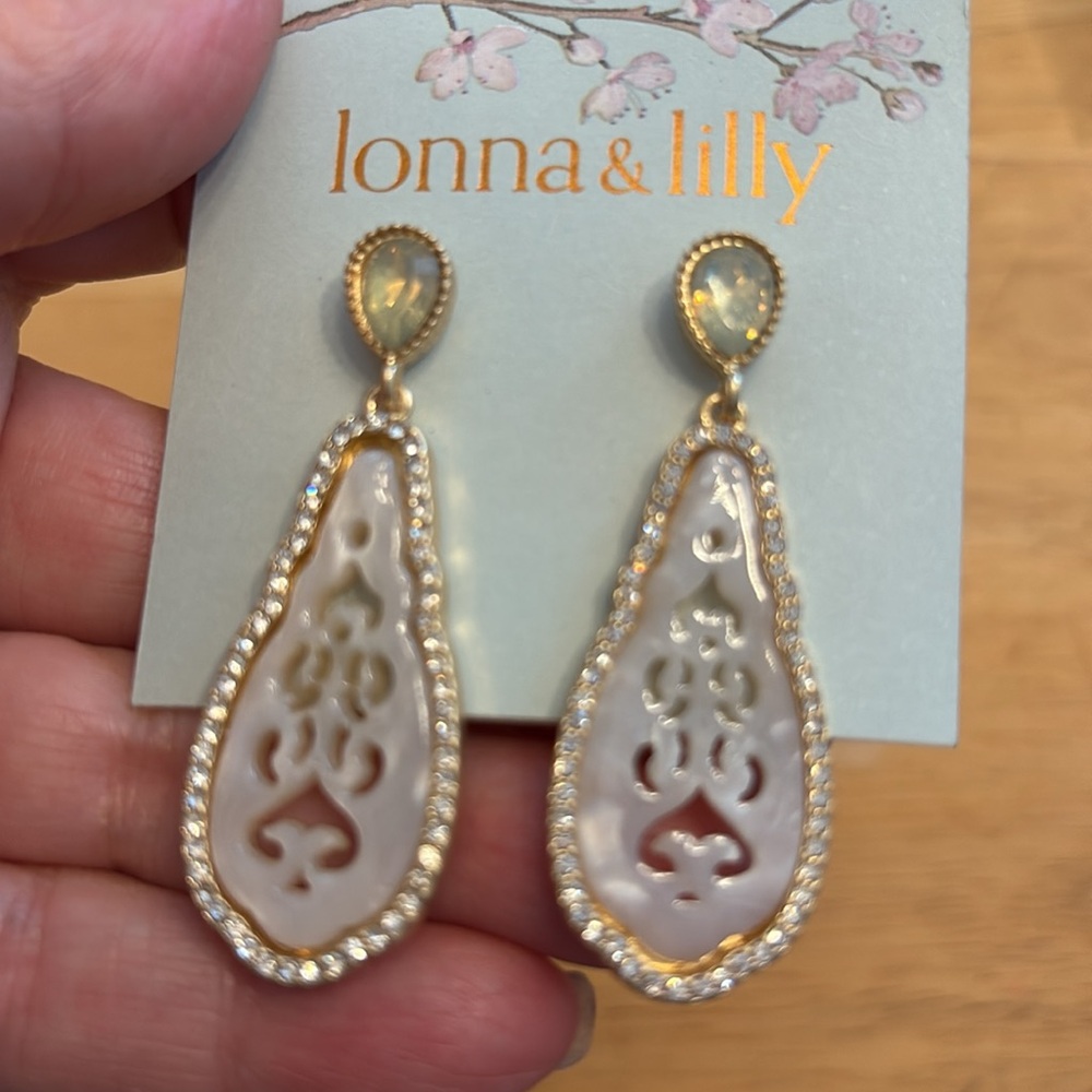 Lonna & Lilly MOP Asian-Inspired crystal trimmed opalescent stud dangle Earrings